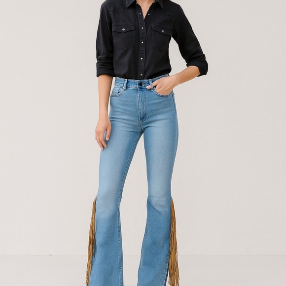 Fashion Express NEW Dramatic Long Fringe Bell Bottom Western Blue Jeans Size M - Picture 1 of 13